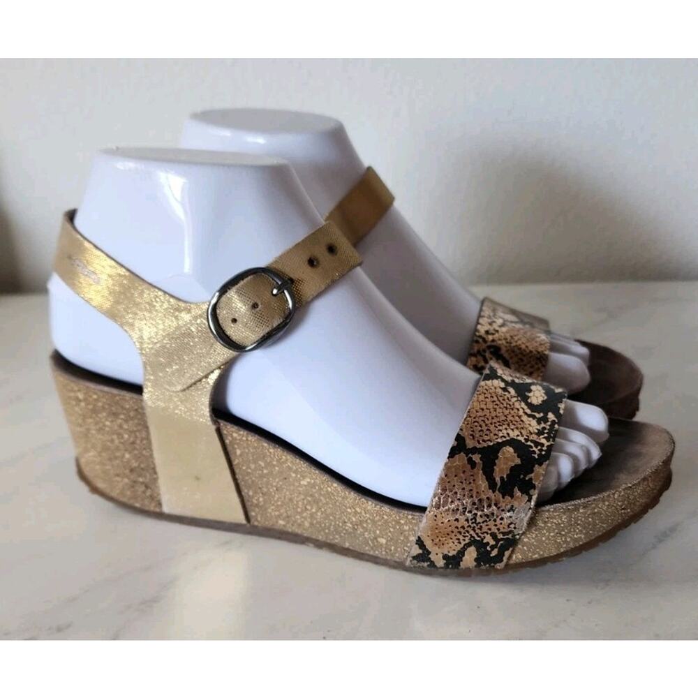 Mephisto Fiona Wedge Sandal Women 6/37 Reptile Snake Black Gold Comfort Shoes
